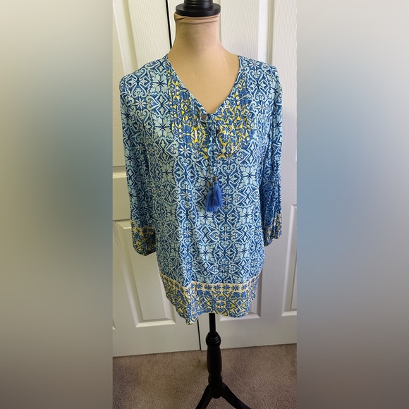 Ruby Rd. Tops - Ruby Rd. Blue and Yellow Patterned Blouse
